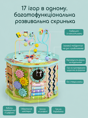 Бізікуб дерев&rsquo;яний 17 в 1 для дітей із магнітною риболовлею, ксилофоном і лабіринтом, висота 41,5 см